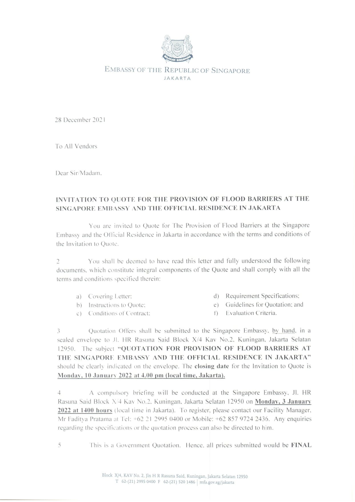 Singapore Embassy Jakarta letter: "Invitation to Quote for Flood Barriers" details deadline, address.